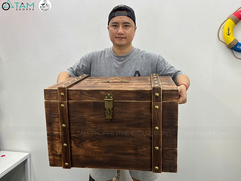 Rương gỗ viền nẹp đinh tán giả cổ BIGSIZE 60cm [Tặng ổ khóa] RUONG-GO-06
